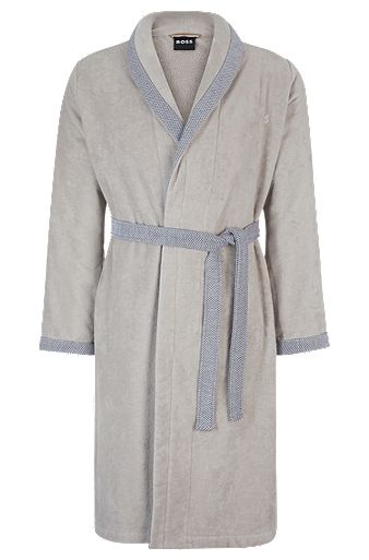 Cotton-velvet dressing gown with embroidered logo, Light Beige